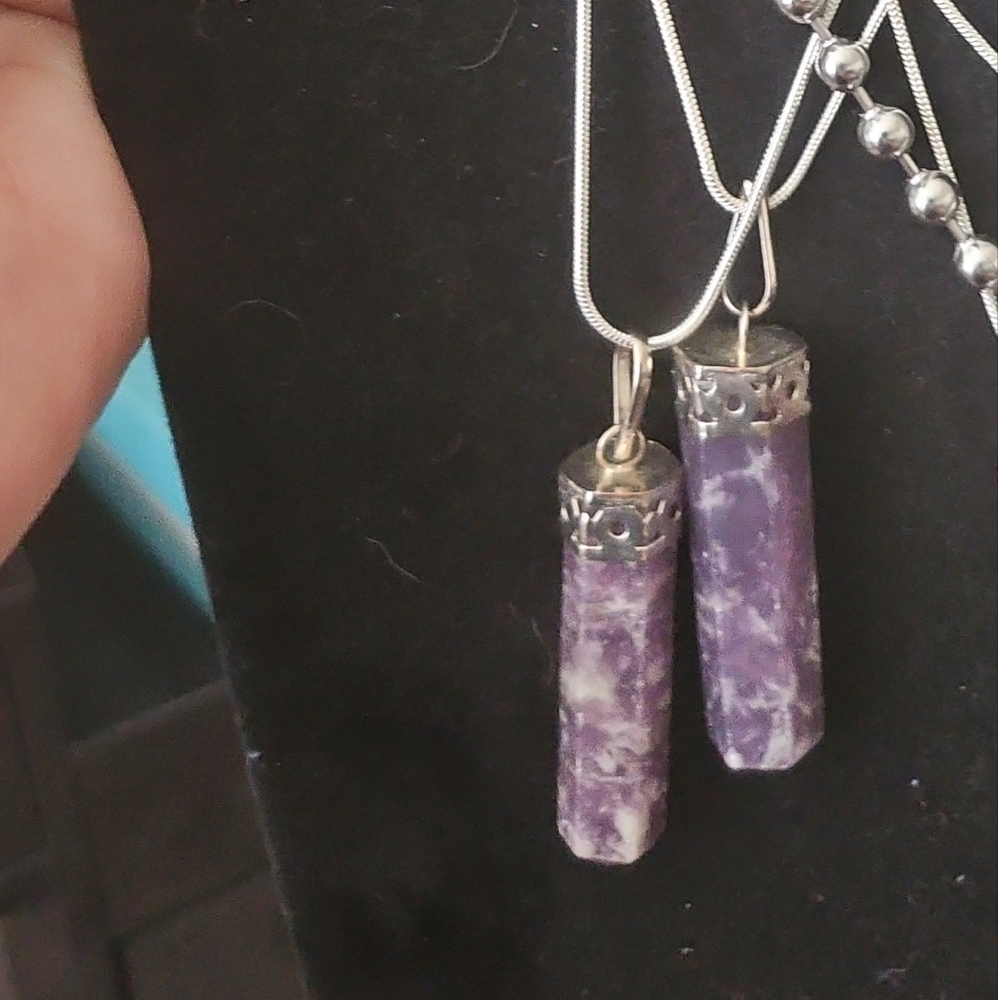 Sterling Silver Rope Chain Necklace with vintage Purple Lepidolite Amulet